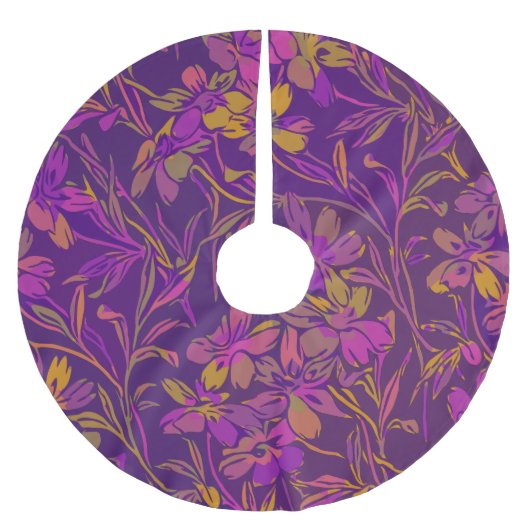 Botanisches feines Muster in dunklem Lila Polyester Weihnachtsbaumdecke (Vorderseite)