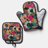 Botanisches Floral Ofenhandschuh & Topflappen-Set (Vorderseite/Rückseite)