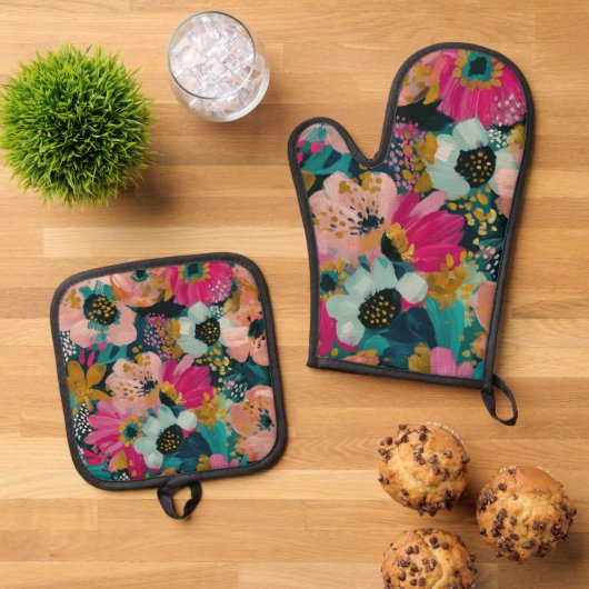 Botanisches Floral Ofenhandschuh & Topflappen-Set (Oben Unten)