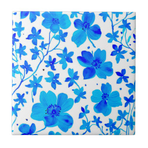 Botanisches Florales in Tiefblau und Weiß  Fliese