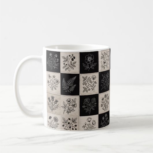 Botanisches florales Leder-Optik-Patchwork gestick Kaffeetasse (Links)
