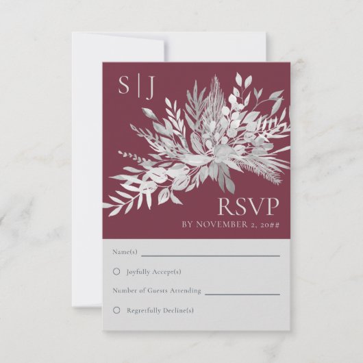 Botanisches Foliage Burgundy Monogram Wedding RSVP (Vorderseite)