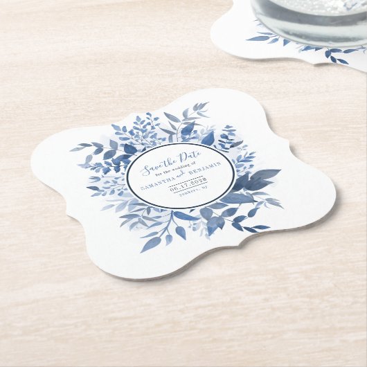 Botanisches Foliage Script Navy Blue Save the Date Untersetzer (angewinkelt)