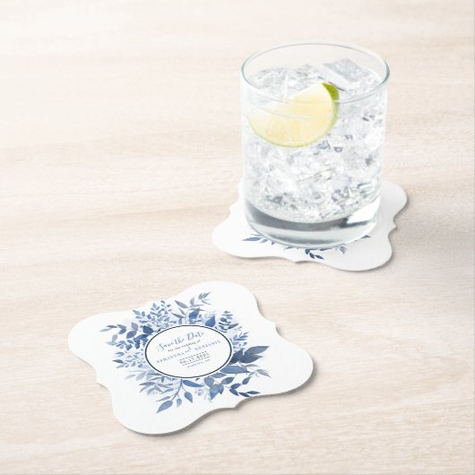 Botanisches Foliage Script Navy Blue Save the Date Untersetzer (Vor Ort)