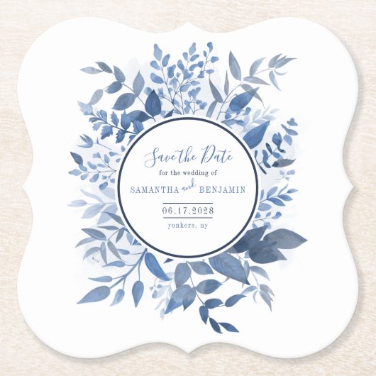 Botanisches Foliage Script Navy Blue Save the Date Untersetzer (Vorderseite)
