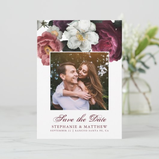 Botanisches Foto Burgund Blush Save The Date (Stehend Vorderseite)