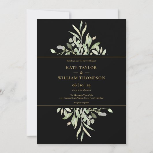 Botanisches Foto Hochzeit von Schwarz und Gold Einladung (Vorderseite)