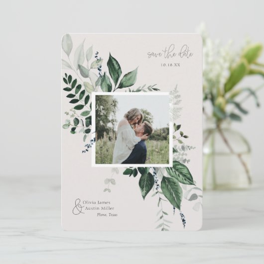 Botanisches Foto mit Blattgrün Save the Date (Stehend Vorderseite)