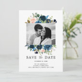 Botanisches Foto Navy Blue Blush Pink Rose Save The Date (Stehend Vorderseite)
