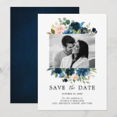Botanisches Foto Navy Blue Blush Pink Rose Save The Date (Vorne/Hinten)