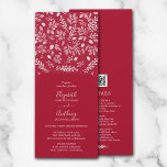 Botanisches Ganzes in einer Cranberry Hochzeit Ein Einladung<br><div class="desc">Elegante weiße Botanicals und Punkte auf einem Cranberry-Hintergrund (oder einer beliebigen Farbe), diese Einladungen zur Hochzeit bieten Ihre Hochzeitsinformationen in schicken weißen Schriftzeichen auf der Vorderseite und Ihre Hochzeitsdetails auf der Rückseite. Ersetzen Sie unseren QR-Beispielcode durch einen für Ihre Hochzeitswebsite. Der Live-Design-Service kann Ihnen bei Bedarf helfen, Ihr Design-Layout zu...</div>