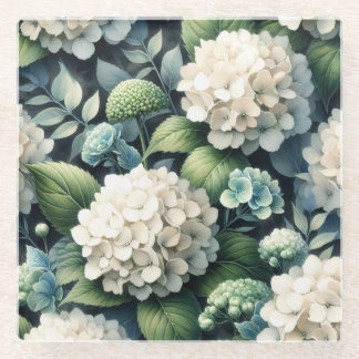 Botanisches Gemälde mit weißem Hydrangea Glasuntersetzer