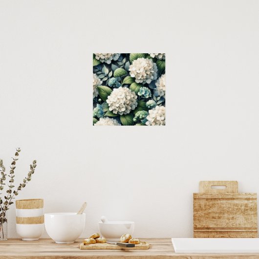 Botanisches Gemälde mit weißem Hydrangea Poster (Küche)