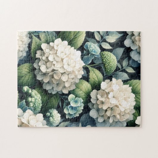 Botanisches Gemälde mit weißem Hydrangea Puzzle (Horizontal)