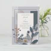 Botanisches geometrisches Blau und neutrale Hochze Einladung (Stehend Vorderseite)