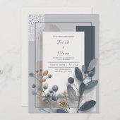 Botanisches geometrisches Blau und neutrale Hochze Einladung (Vorne/Hinten)