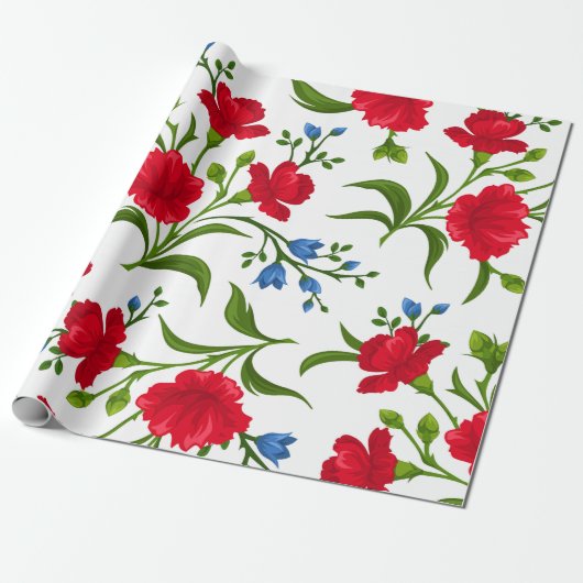 Botanisches Geschenkpapier mit rotem Blumenmuster (Ungerollt)