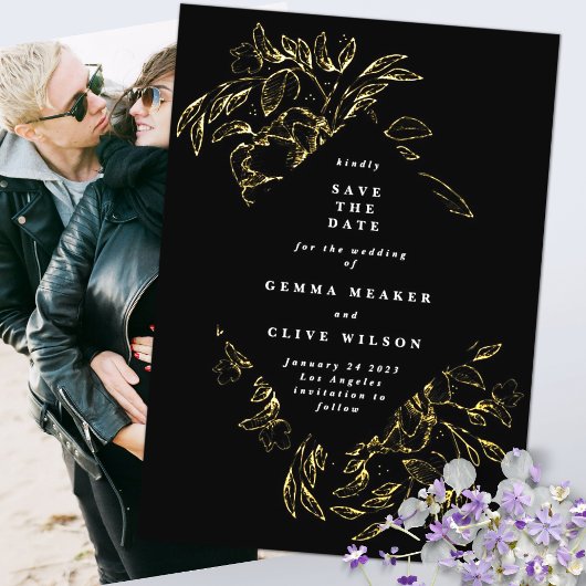 Botanisches Gold Black Foil Foto Save the Date Folieneinladung