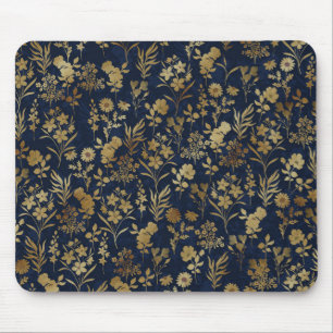 Botanisches Gold Blume Blaues Muster Mousepad