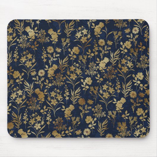 Botanisches Gold Blume Blaues Muster Mousepad (Vorne)