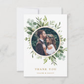 Botanisches Gold Green Wreath Wedding Foto Dankeskarte (Vorderseite)