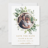Botanisches Gold Green Wreath Wedding Foto Save The Date (Vorderseite)