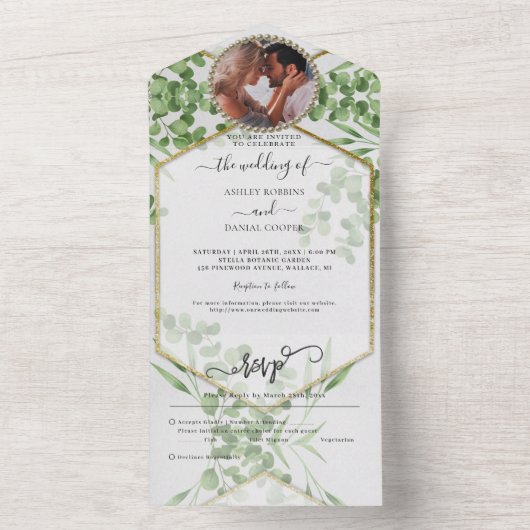 Botanisches Gold Hochzeit in einem I All In One Einladung (Innen Boden)