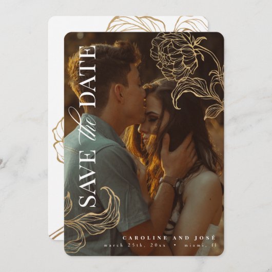Botanisches Gold Leaf Foto Save the Date Einladung (Vorne/Hinten)