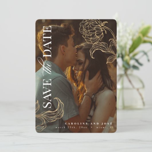 Botanisches Gold Leaf Foto Save the Date Einladung (Stehend Vorderseite)