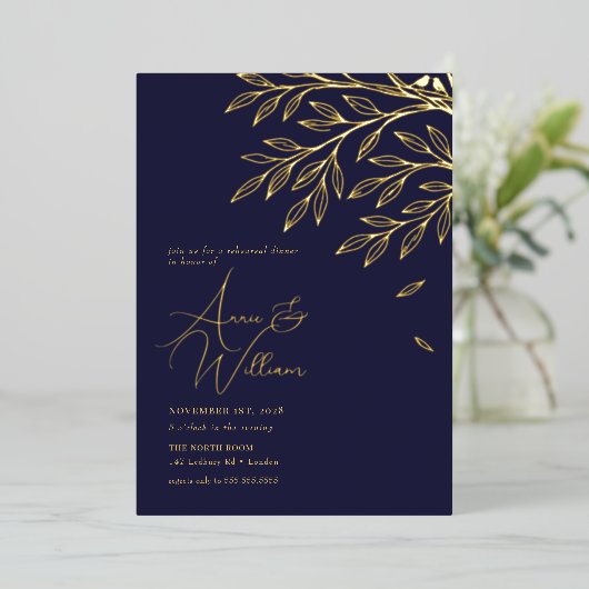 Botanisches Gold Leaf Navy Probe Dinner Folieneinladung (Stehend vorne)