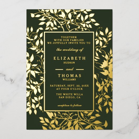 Botanisches Gold Moody Forest Moderne klassische H Folieneinladung (Vorderseite)