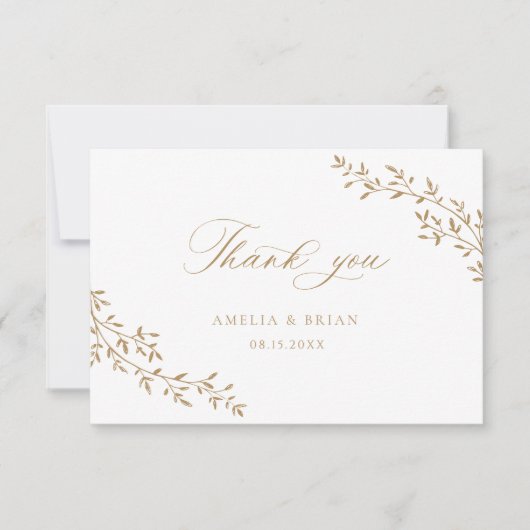 Botanisches Gold-Script-Hochzeit in einem elegante Dankeskarte (Vorderseite)