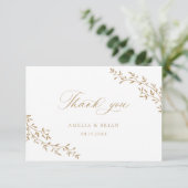 Botanisches Gold-Script-Hochzeit in einem elegante Dankeskarte (Stehend Vorderseite)