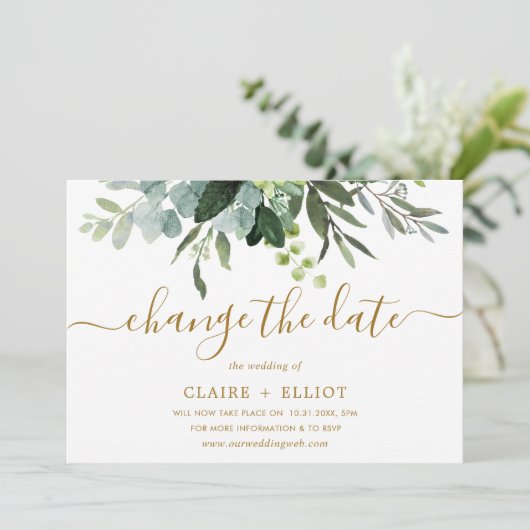 Botanisches Gold und grüne Hochzeit ändern Datum Einladung (Stehend Vorderseite)