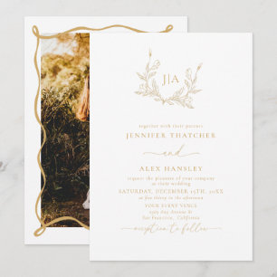 Botanisches Goldblatt Monogramm-Foto-Hochzeit Einladung