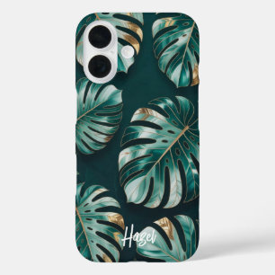 Botanisches Goldfolien-Monstera mit Namen iPhone 16 Hülle
