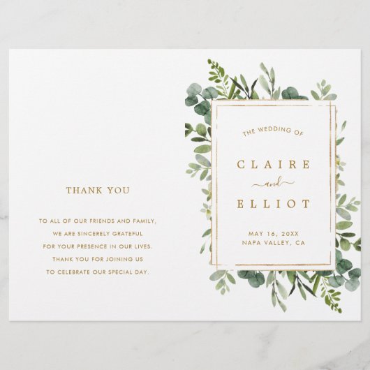 Botanisches Goldgrün Hochzeitsprogramm (Vorderseite)