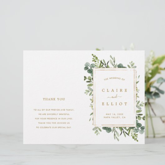 Botanisches Goldgrün Hochzeitsprogramm (Stehend Vorderseite)