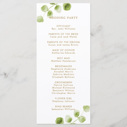 Botanisches Goldgrün Hochzeitsprogramm Programm (Rückseite)