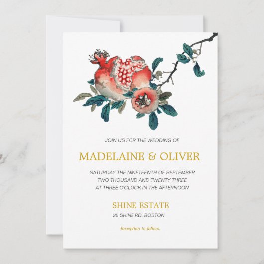 Botanisches Granatapfel Hochzeit von Gold Einladung (Vorderseite)