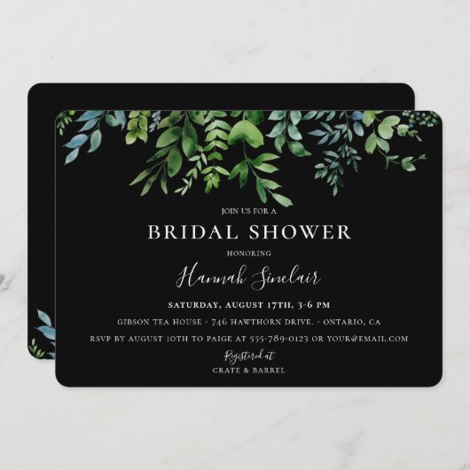 Botanisches Greenery Black Brautparty Einladung (Vorne/Hinten)