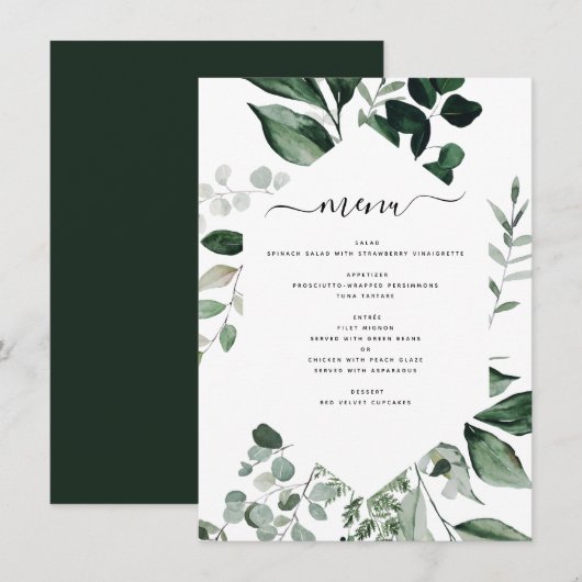 Botanisches Greenery Foliage Watercolor Wedding Me Menükarte (Vorne/Hinten)