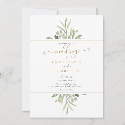Botanisches Greenery Foto Gold Script Wedding Einladung (Vorderseite)