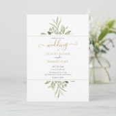 Botanisches Greenery Foto Gold Script Wedding Einladung (Stehend Vorderseite)