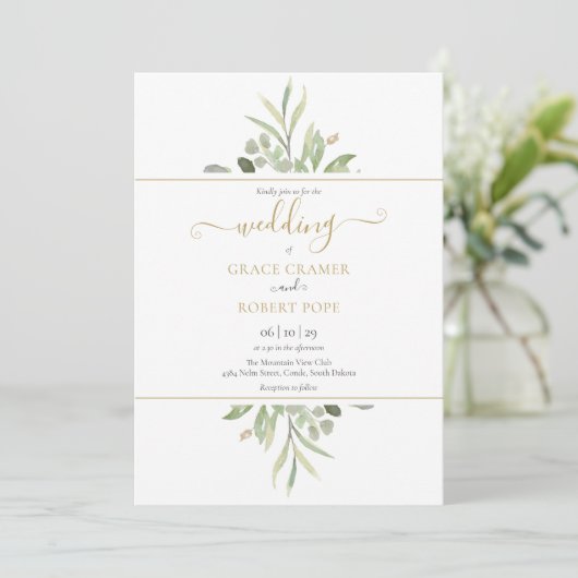 Botanisches Greenery Foto Gold Script Wedding Einladung (Stehend Vorderseite)