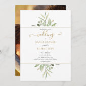 Botanisches Greenery Foto Gold Script Wedding Einladung (Vorne/Hinten)