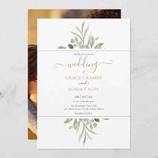 Botanisches Greenery Foto Gold Script Wedding Einladung (Vorne/Hinten)