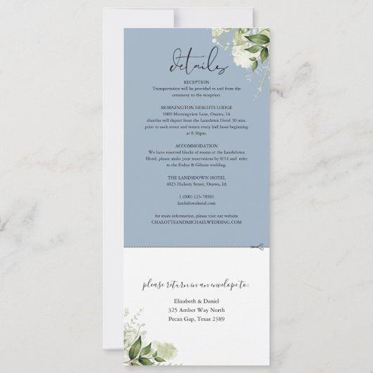 Botanisches Grün Dusty Blue auf einer Hochzeit Einladung (Rückseite)
