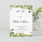 Botanisches Grün, goldenes Blattwerk Hochzeit Einladung (Stehend Vorderseite)