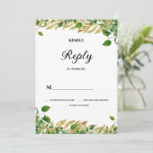 Botanisches Grün, goldenes Blattwerk Hochzeit RSVP Einladung (Stehend Vorderseite)